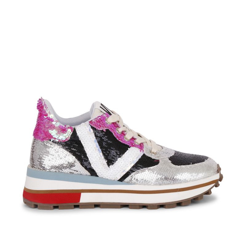 Sneaker with laces & paillettes running bottom paillettes tissue combi Multi silver