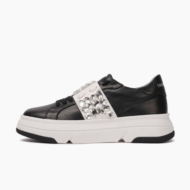 Sneaker with laces lateral strass leath+pu Black/white
