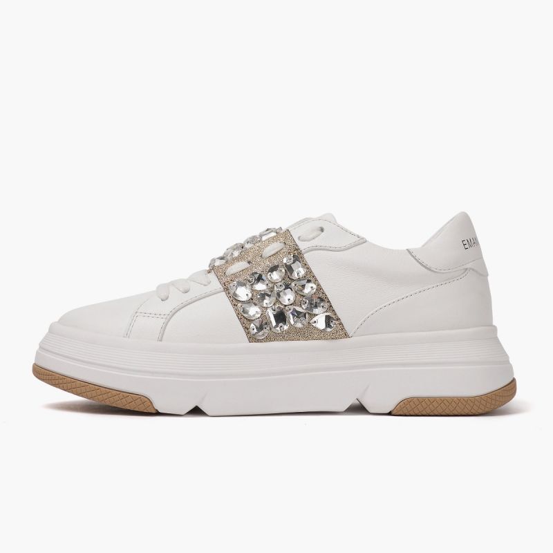 Sneaker with laces lateral strass leath+pu White/dk gold