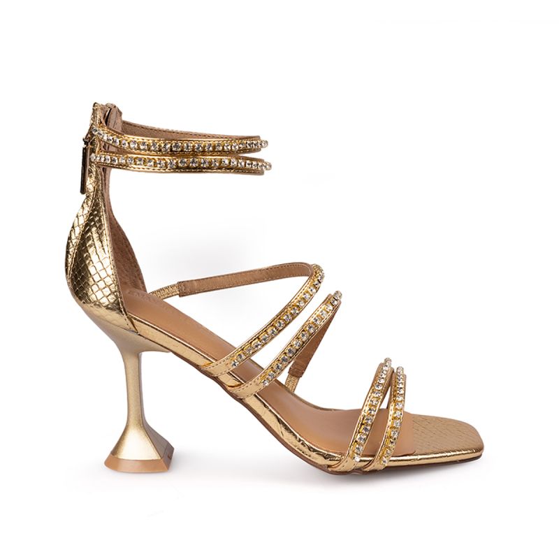 Sandal with strass chain heel 90 laminated Gold