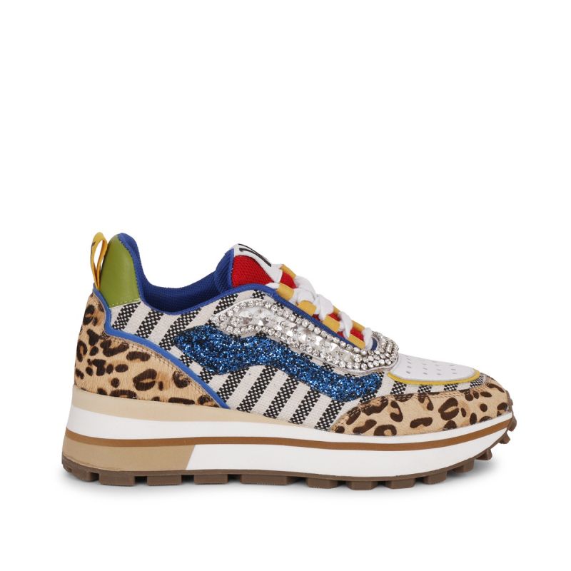 Sneaker with laces & strass running bottom horse combi Multi animalier