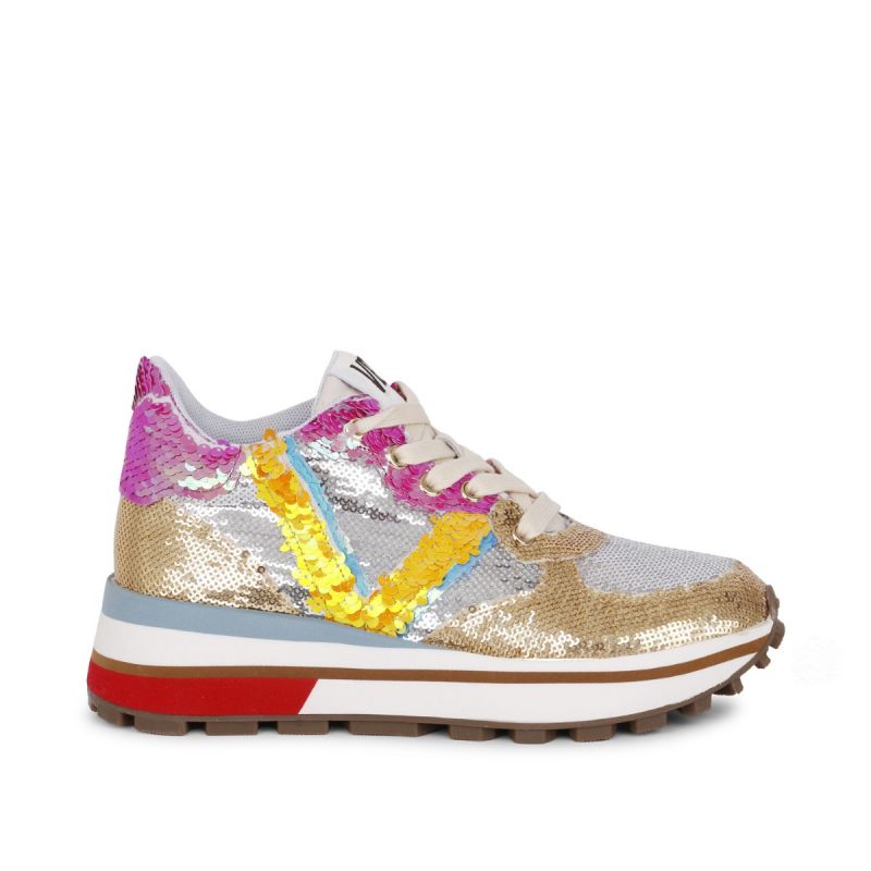 Sneaker with laces & paillettes running bottom paillettes tissue combi Multi gold